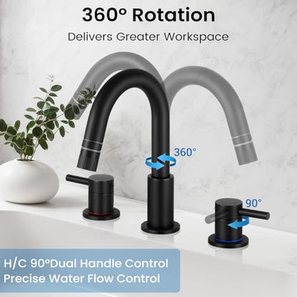 Pull-Down Bathroom Faucet 3 Hole 8 Inch with Pop-Up Drain Matte Black | 360° Swivel Spoutr & Dual Modes,8" Widespread 2-Handle, Pop-Up Drain & 10-Min Install for 3-Hole Bathroom Sink Faucets - color: Matte Black