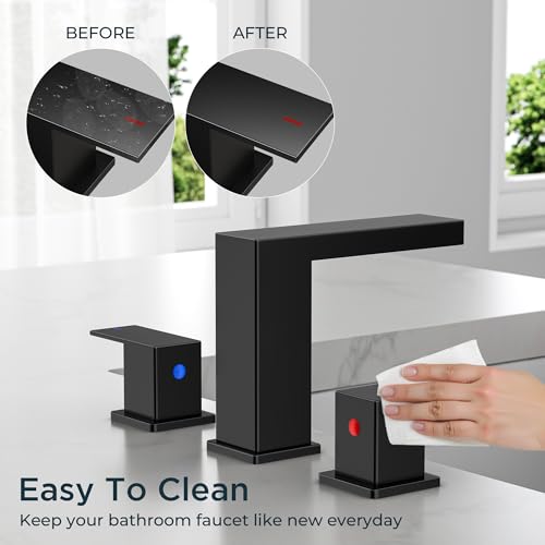 FORIOUS Waterfall Black Bathroom Faucet 3 Hole, 8 Inch Widespread Faucets | Waterfall Bathroom Faucet Widespread, Matte Black Faucet for Bathroom Sink 3 Holes Vanity with Drain and Hoses for Wholesale - color: Matte Black, style: Transitional