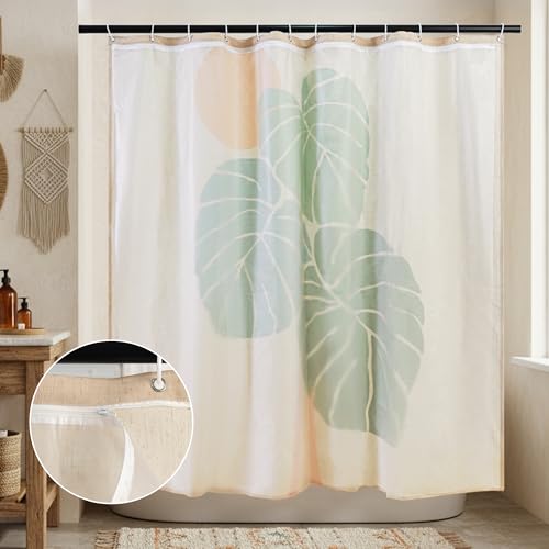 Monstera deliciosa Linen Shower Curtain Set with Liner,72" Wx72 L | Double Layer Shower Curtain Waterproof Fabric with Zippered Removable PEVA Liner,Boho Shower Curtain for Bathroom,Free Hooks - color: Pink Monstera