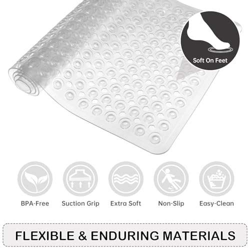 Non-Slip Bathtub and Shower Mats, Power Grip Bath Mat 35 x 16.3 Inch with Suction Cups and Drain Holes for Tub Bathroom Floor Safety, Machine Washable Soft Bathmat, Clear - color: Clear