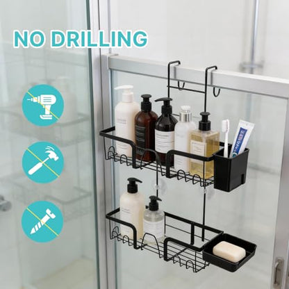 Widousy Over The Door Shower Caddy, No Drilling Shower Shelves Over Door with Soap Holders, Black Rustproof Shower Organizer over the Door, 10 Hooks, Bathroom Rack and Storage