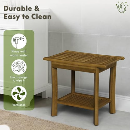 Teak Wood Shower Bench 14"/ 20"/ 30" Wide - Bathroom/Spa/Tub Teak Shower Stool Seat W/Shelf & Arms, Waterproof Heavy Duty Teak Wooden Shave Bench (20in) - size: 20in