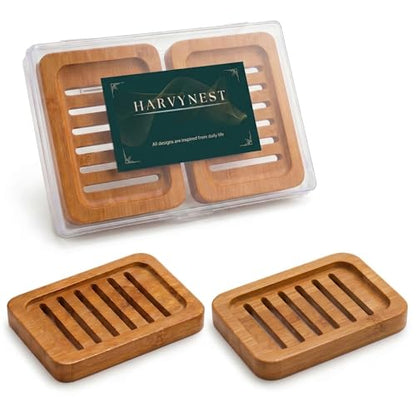 Bamboo Soap Dish with Drainage, 2 Pack Slotted Self Draining Bar Soap Holder, Acacia Finish for Shower, Bathroom Sink & Kitchen Countertop - color: Acacia Brown