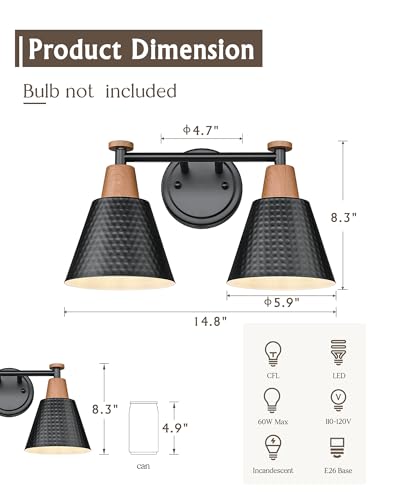 FEMILA Modern 2 Light Bathroom Vanity Lights, Industrial Bathroom Light Fixtures Over Mirror, Black Vanity Lighting Fixtures, Woodgrain Finish, 4FG59B-2W BK-NW - color: Matte Black & New Woodgrain, size: 15"