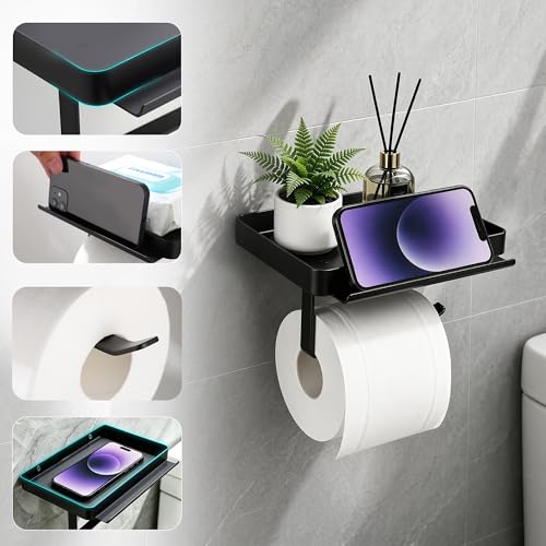 YIGII Toilet Paper Holder with Large Capacity Wide Phone Shelf, Matte Black | Large Wet Wipes Storage, Rustproof Stainless Steel Wall Mount Design for Bathroom, Washroom, Easy Access Organization - color: Deep Black