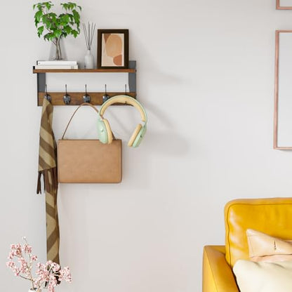 Wall Hooks with Shelf, Wood Coat Rack with Shelf Wall-Mounted, Entryway Hanging Shelves with 5 Metal Hooks for Clothes Hats Towel Purse Robes, Bathroom Mudroom Bedroom, Rustic Brown - size: 16 inch Long