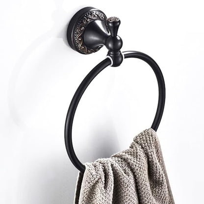 Oil Rubble Bronze Brass Bath Towel Ring, Wall Mounted Black Bathroom Hardware Accessories, Pattern Carving Design - color: Towel Ring
