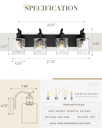 Bathroom Vanity Light Fixtures 4-Light Hammered Glass Modern Wall Mounted Over Mirror Black - VL01BKH-4 - color: Black & Hammered Glass, size: 4 LIGHT