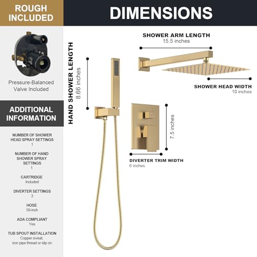 Lava Odoro Modern 2-Setting Square Shower Faucet Set with Shower Head and Handheld Sprayer Gold, Rainfall Shower System with Hand Shower, Shower Valve Trim Kit, Champagne Gold, SF103-CB - color: Champagne Gold, style: Without Tub Spout
