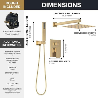 Lava Odoro Modern 2-Setting Square Shower Faucet Set with Shower Head and Handheld Sprayer Gold, Rainfall Shower System with Hand Shower, Shower Valve Trim Kit, Champagne Gold, SF103-CB - color: Champagne Gold, style: Without Tub Spout