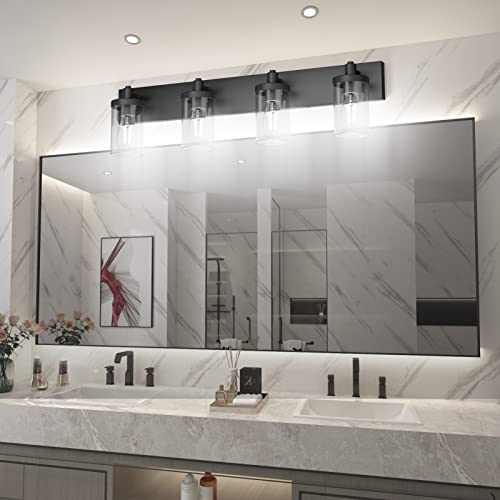 Aipsun Bathroom Vanity Light Farmhouse 4 Light Matte Black Vanity Lighting Fixtures with Clear Glass Shade(Exclude Bulb) - color: Black, size: 4-Light