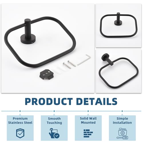 Matte Black Hand Towel Ring for Bathroom Storage, Wall Mounted | Sturdy & Rust-resistant Stainless Steel, 180° Swivel for Easy Towel Access, 7.09" Square Towel Holder, Space-saving Design - color: Matte Black
