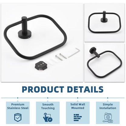 Matte Black Hand Towel Ring for Bathroom Storage, Wall Mounted | Sturdy & Rust-resistant Stainless Steel, 180° Swivel for Easy Towel Access, 7.09" Square Towel Holder, Space-saving Design - color: Matte Black