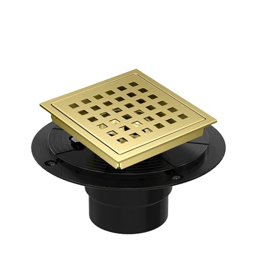 4 Inch Square Shower Floor Drain, Shower Drain Kit with Flange, Square Shower Drain, SUS 304 Stainless Steel Floor Drain,Golden - color: Golden, size: 4 Inch