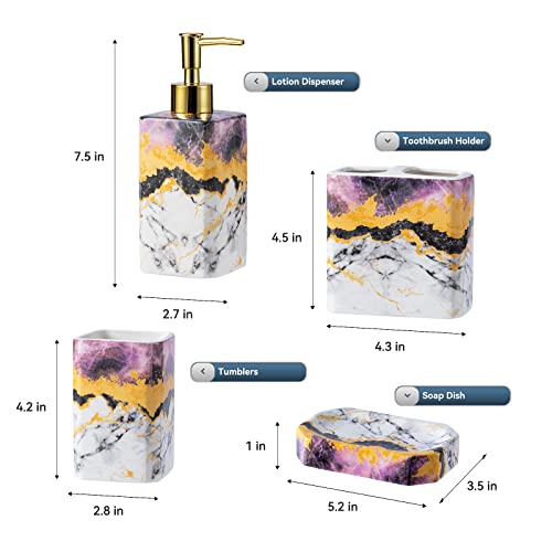 4 Piece Bathroom Accessories Set - Purple Bathroom Accessory Sets Includes Lotion Dispenser, Toothbrush Holder Tumbler, and Soap Dish - Glossy Finish (Marble, Purple) - color: Purple