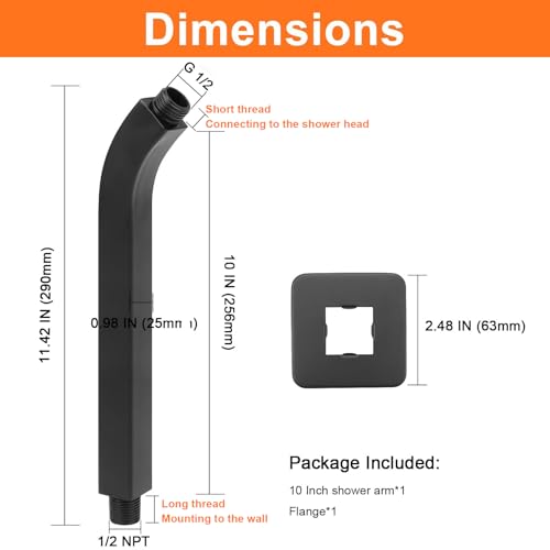 Shower Arm with Flange and Teflon Tape, Wall Mounted Square Shower Pipe 304 Stainless Steel Extension Arm for Fixed Shower Head & Handheld Shower (10 Inch, Matte Black) - color: Matte Black, style: 10 Inch