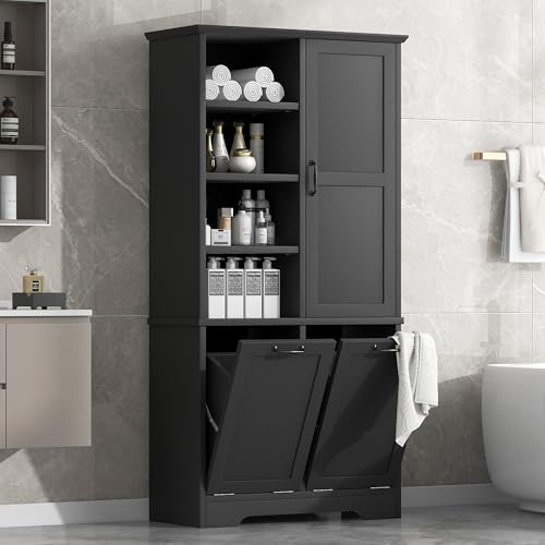 JIVOIT Bathroom Storage Cabinet with Doors and Drawers, Modern 68''H Tall Wood Cabinet with Multiple Storage Space, Three Adjustable Shelf, Open Shelve, Metal Handles - color: Black * 149