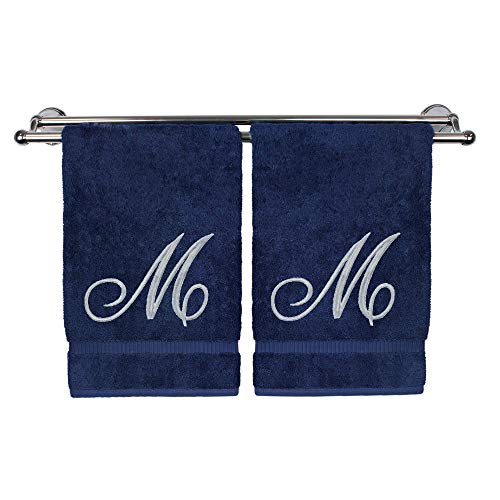 BC BARE COTTON Monogrammed Hand Towel, Navy, 16 x 30 Inches - Set of 2, 100% Turkish Cotton, Extra Absorbent, Soft Terry Finish, Personalized Gift - color: Silver on Navy, style: Compact