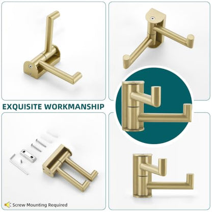 Suyar Brushed Gold Double Towel Hook, Swivel Coat Robe Holder for Bathroom | SUS304 Stainless Steel Wall Hook, Shower Bath Towel Hanger, Space-Saving Design, Wall Mounted, 2 Pack - color: Brushed Gold, size: 2 Pack