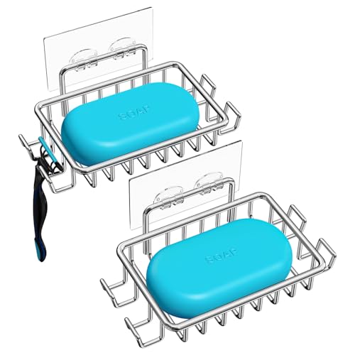 Nieifi Soap Dish,Bar Soap Holder for Shower Wall with 4 Hooks Stainless Steel Adhesive Soap Dish for Bathroom Shower Razor Holder (Silver) - color: A-silver, size: 2 Pack