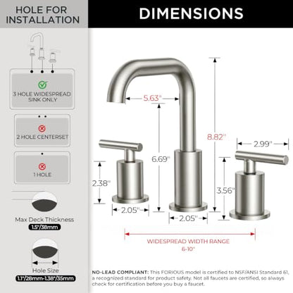 FORIOUS Bathroom Sink Faucet 3 Hole Widespread 8 Inch Brushed Nickel | 6-12 inch Widespread Sink Faucet with 2 Handles, Pop Up Drain and Water Supply Supplies for Vanity Restroom RV Lavatory Sink - color: Stainless Steel