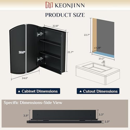 Keonjinn Black Medicine Cabinet with Mirror 24” x 30”, Metal Framed Wall Cabinet with Beveled Mirror, Surface Mount or Recessed Medicine Cabinet for Bathroom, Bathroom Mirror with Storage | Metal Framed Wall Cabinet with Beveled Mirror, Wall-Mounted or Re