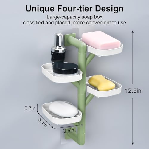 Soap Holder Four Layer Wall Mounted NO-Drilling Rotatable Self-draining Removable Soap Dish for Shower Bathroom Tray,Self Draining Sponge Holder,Razor Holder（White/Green） - color: White/Green
