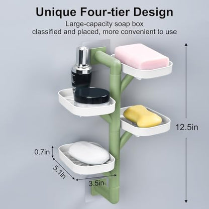 Soap Holder Four Layer Wall Mounted NO-Drilling Rotatable Self-draining Removable Soap Dish for Shower Bathroom Tray,Self Draining Sponge Holder,Razor Holder（White/Green） - color: White/Green