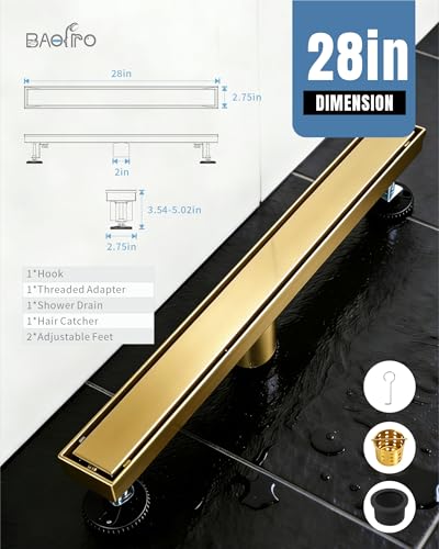 28 Inch Brushed Gold Linear Shower Drain | CUPC Certified 2-in-1 Tile Insert for Curbless Showers. 304 Steel, 15.8GPM Flow. Includes Hair Catcher & Adjustable Feet. - color: Gold, size: 28in