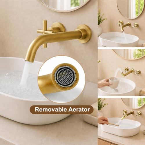 Midanya Wall Mount Bathroom Faucet 3 Hole 2 Cross Handle,Antique Brass | SUS304 Stainless Steel,Rough-in Valve Included,360° Swivel Spout,for Bathroom Sink,Vanity - color: Antique Brass