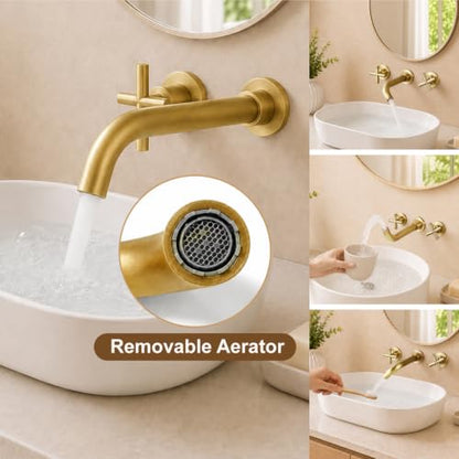 Midanya Wall Mount Bathroom Faucet 3 Hole 2 Cross Handle,Antique Brass | SUS304 Stainless Steel,Rough-in Valve Included,360° Swivel Spout,for Bathroom Sink,Vanity - color: Antique Brass