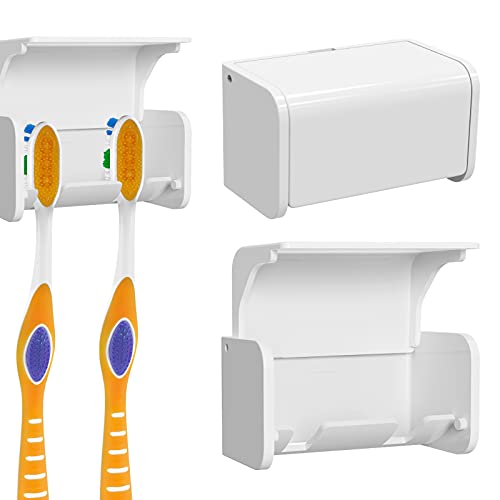 2 Pcs Toothbrush Holder Wall Mounted with Cover for Bathroom, 2 Slots Toothbrush Storage Organizer for Shower, Self Adhesive Toothbrush Hanger Rack for Dorm, Cabinet - color: White, size: 2 PACK