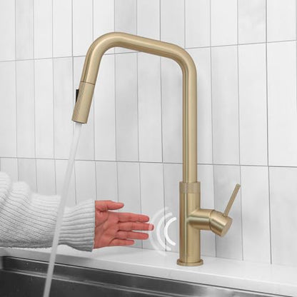 Stylish Touchless Kitchen Faucet with Pull Down Sprayer Single Lever Handle Dual Function Stainless Steel Kitchen Sink Faucet with Ceramic Cartridge and Aerator Brushed Gold Finish, K-150GM - color: Brushed Gold
