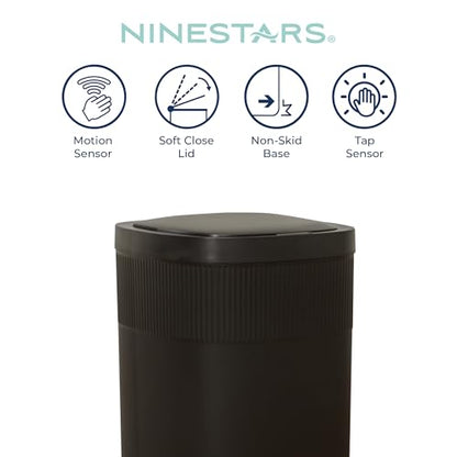 Ninestars 13.2 Gallon Automatic Trash Can, 50L + 12L Touchless Motion Sensor Garbage Can Set of 2 with Soft Close Lid, Liner Ring, Fingerprint Resistant Stainless Steel Kitchen and Bathroom, Black