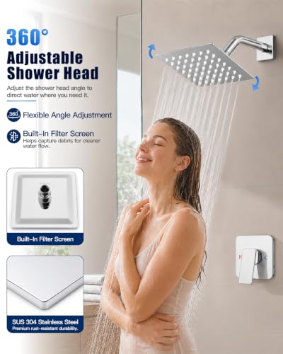 Heyalan 6 Inch Square Rain Shower Faucet Set with Valve, Polished Chrome | Female-thread 1/2-inch NPT connections, SUS304 shower head, brass rough-in valve, single-handle control Shower Set - color: Chrome, size: 6 Inch Square Shower Head