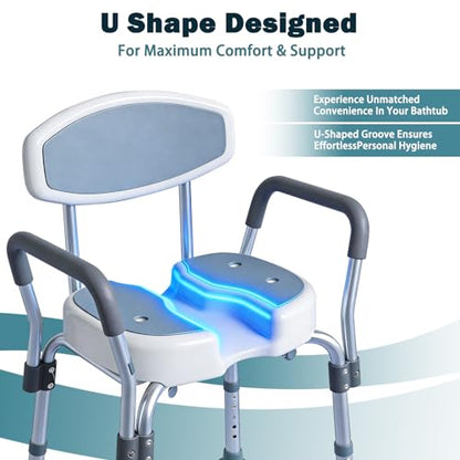 U-Shape Shower Chair for Inside Shower | 330LBS Weight Capacity, Padded Armrests & Backrest, Height Adjustable, Non-Slip, Tool-Free Assembly