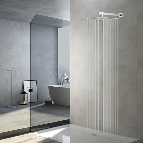 Rain Shower Head Brushed Nickel with Extension Arm 12 Inch Square Shower Head with 16 Inch Shower Arm Large Stainless Steel Rainfall Showerhead Waterfall Full Body Coverage by GGStudy - color: Brushed Nickel, size: 12inch