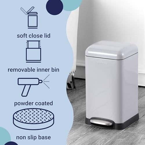 happimess Betty Retro Mini 3.2 Gal Step Trash Can, Gloss Gray | Soft-Close Lid, Removable Liner, Iron, Hands-Free Pedal, Non-Skid Base, Built-In Damper, Modern, Minimalistic - color: Fog Gray