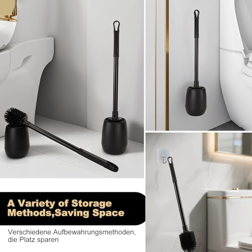 Silicone Toilet Bowl Brush and Holder 2 Pack Long Handle Toilet Brush for Bathroom Flexible Silicone Toilet Brush Set for Domestic Deep Cleaning Under Rims （Black）