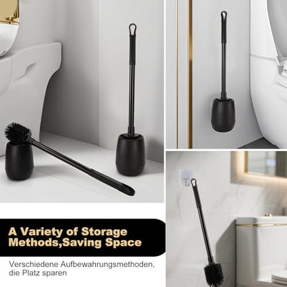 Silicone Toilet Bowl Brush and Holder 2 Pack Long Handle Toilet Brush for Bathroom Flexible Silicone Toilet Brush Set for Domestic Deep Cleaning Under Rims （Black）