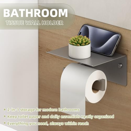 Toilet Paper Holder with Phone Shelf Gunmetal Gray, 304 Stainless Steel Rustproof Wall Mounted Heavy-Duty, Space-Saving for Modern Bathrooms - color: Gun Gray, size: Single Rod