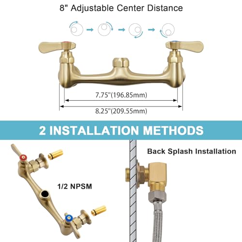Wall Mount Commercial Sink Kitchen Faucet 8 Inch Adjustable Center | 8 Inch 360 Swivel Spout, Lead-free Brass, For Restaurant Laundry Utility Room, Easy to Install, CUPC NSF Certified - color: Black, size: 8 Inch Spout