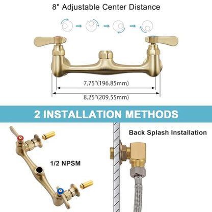 Wall Mount Commercial Sink Kitchen Faucet 8 Inch Adjustable Center | 8 Inch 360 Swivel Spout, Lead-free Brass, For Restaurant Laundry Utility Room, Easy to Install, CUPC NSF Certified - color: Black, size: 8 Inch Spout