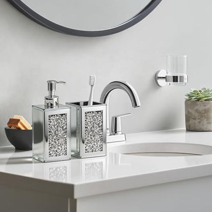 2Pcs Silver Bathroom Set, Mirror Finish & Diamond Accent Soap Holder,Modern | High polish mirror glass, sparkling diamond accents, sleek silhouette, stain proof surface, easy to clean, generous capacity - color: Silver