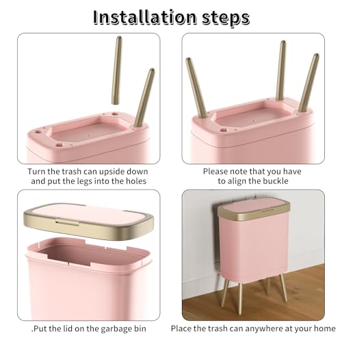 Procade Bathroom Trash Can with Lid,4 Gallon Gold and Pink Garbage Can,Slim | Tall Plastic Trash Bin with Legs and Press Top Lid,Narrow cute Small Waste Basket for Room, Bedroom,Office,Kitchen,RV,Laundry - color: Pink