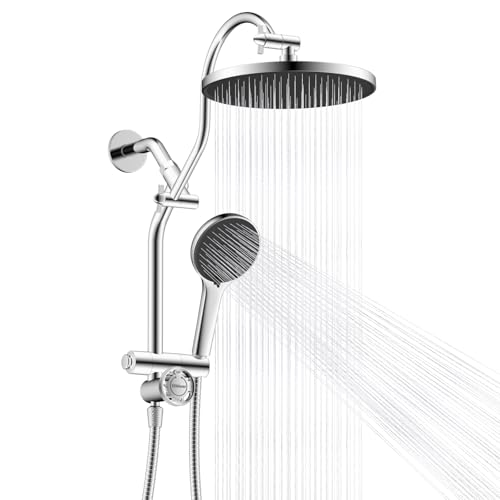 10'' Rain Shower Head Combo with 3 Handheld Sprays, Chrome | cUPC Certified Self-cleaning High Pressure Shower Head, All Metal Extension Arm, Easy Reach 4-way Diverter, 71" Hose & Holder - color: Chrome