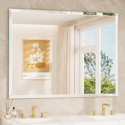 TETOTE 48" x 36" Large Mirror with Frameless Tempered Beveled Edge for Vanity and Bathroom - size: 36"L x 48"W
