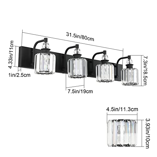 Ralbay Black Crystal Vanity Light Fixtures 4 Light Crystal Bathroom Vanity Lights Fixtures Over Mirror Modern Matte Black Bath Wall Lights - color: Black, size: 32 inch