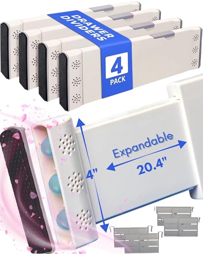 4 Pack Adjustable Drawer Dividers for Clothes with Scent Slots 4" High, 13-20.4" and 4 Adjustable Hooks, Expandable Dresser Drawer Dividers for Kitchen, Closet, Bathroom, Office