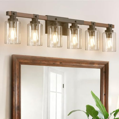 Amico 6-Light Farmhouse Bathroom Vanity Light, Seeded Glass, Black & Wood | Bubble Glass Shade Wall Sconce, Over Mirror Light Fixtures for Bathroom, Bedroom, Living Room, Hallway, Powder Room, Entryway - size: 6-Light